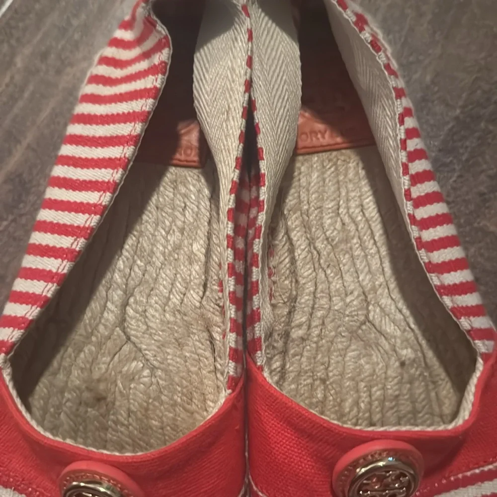 Tory Burch Striped Espadrille. Size 8. Poppy Red/Orange and Canvas.